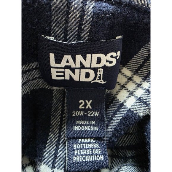Lands End Womens Flannel Shirt 2X Navy & White Plaid Long Sleeve Button-Up Top - Picture 5 of 7
